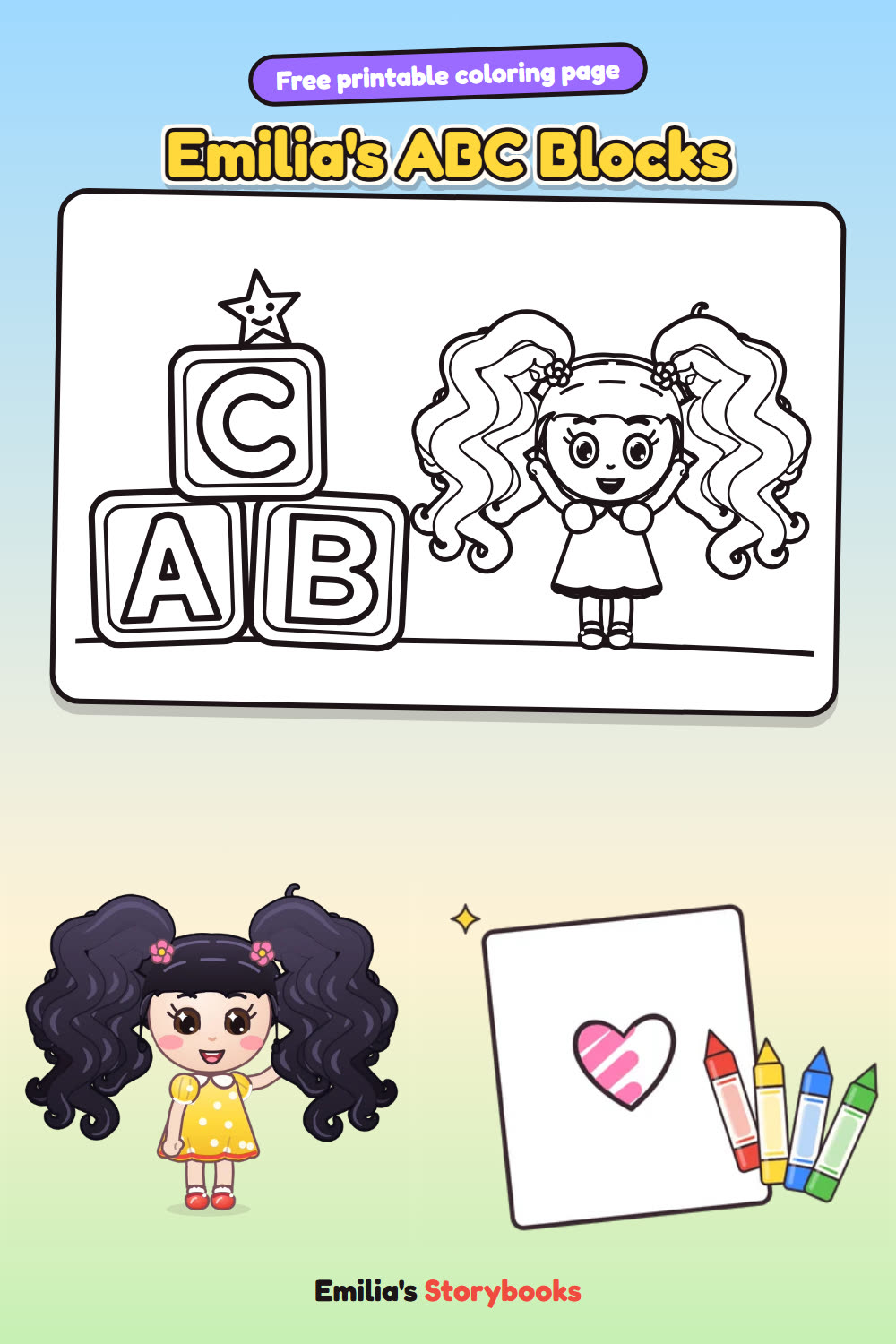 Emilia's ABC Blocks: a free printable coloring page from Emilia's Storybooks