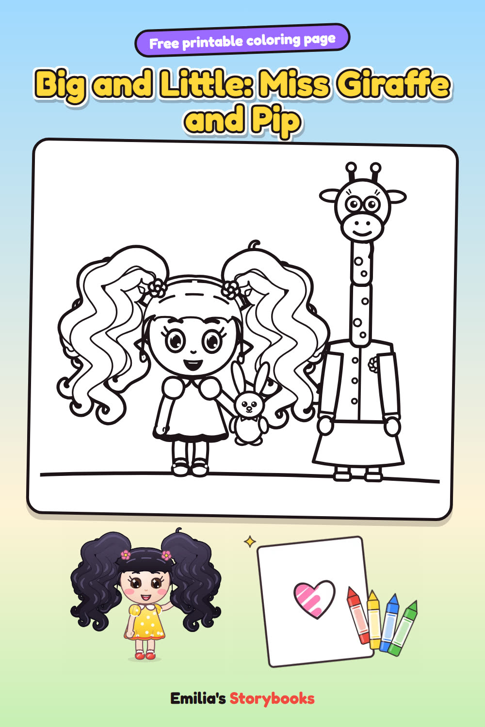 Big and Little: Miss Giraffe and Pip: a free printable coloring page from Emilia's Storybooks