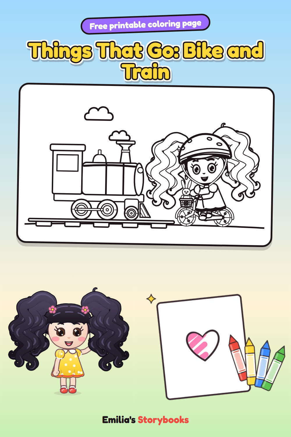 Things That Go: Bike and Train: a free printable coloring page from Emilia's Storybooks