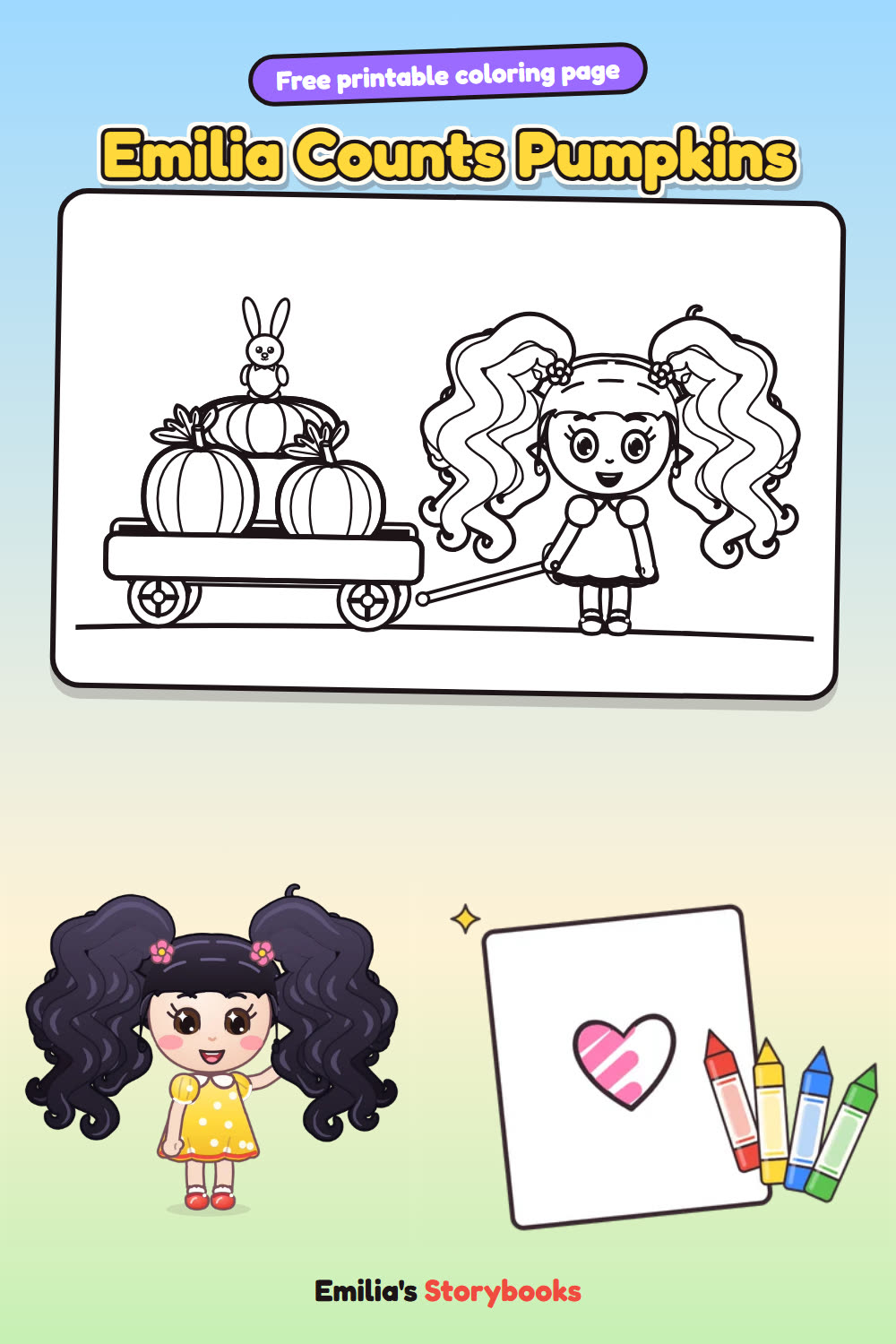 Emilia Counts Pumpkins: a free printable coloring page from Emilia's Storybooks