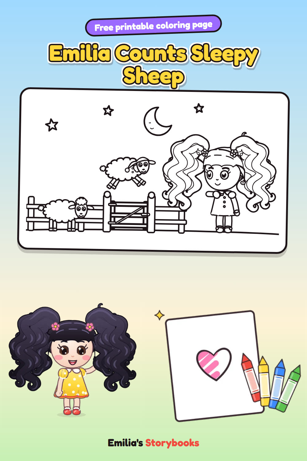 Emilia Counts Sleepy Sheep: a free printable coloring page from Emilia's Storybooks