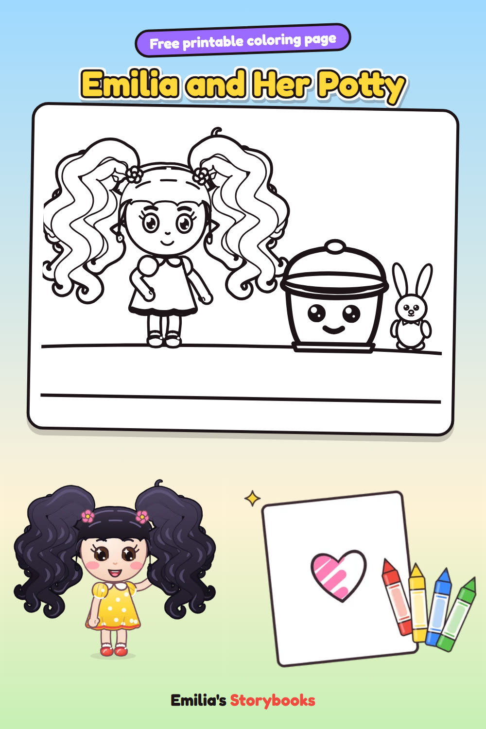Emilia and Her Potty: a free printable coloring page from Emilia's Storybooks