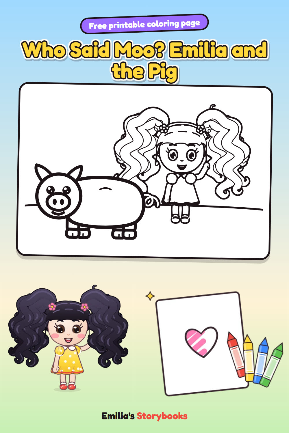 Who Said Moo? Emilia and the Pig: a free printable coloring page from Emilia's Storybooks