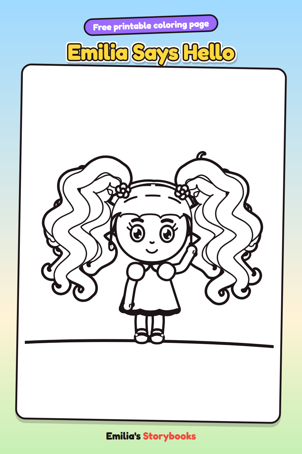 Emilia Says Hello: a free printable coloring page from Emilia's Storybooks