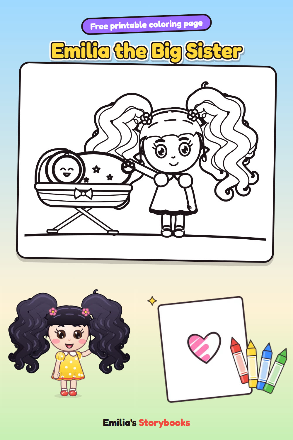 Emilia the Big Sister: a free printable coloring page from Emilia's Storybooks