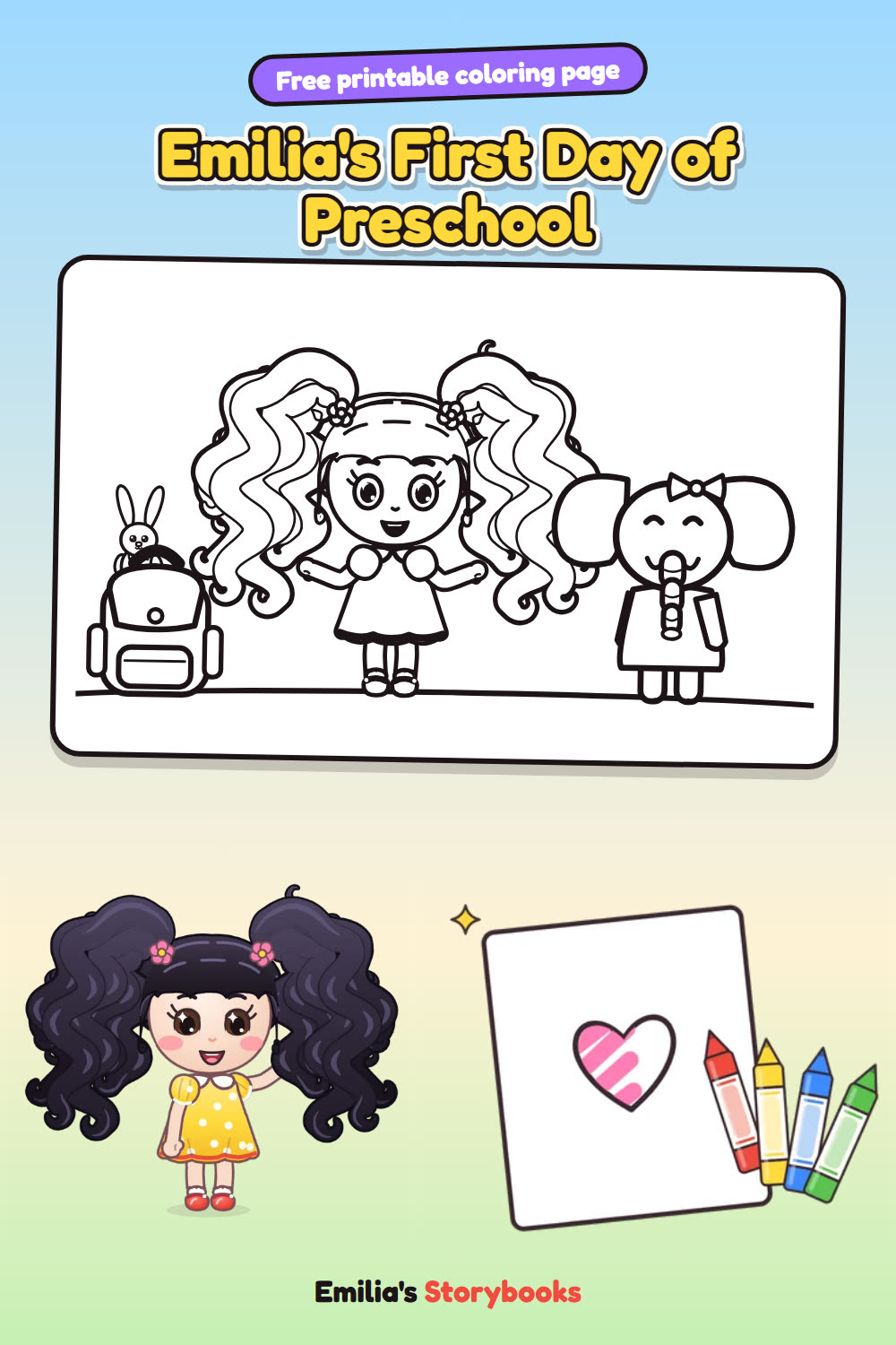Emilia's First Day of Preschool: a free printable coloring page from Emilia's Storybooks