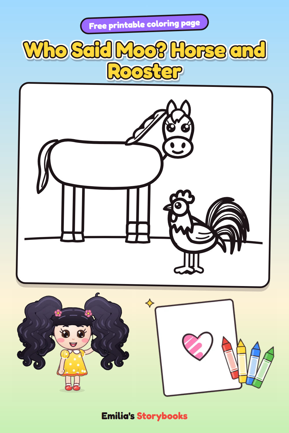 Who Said Moo? Horse and Rooster: a free printable coloring page from Emilia's Storybooks