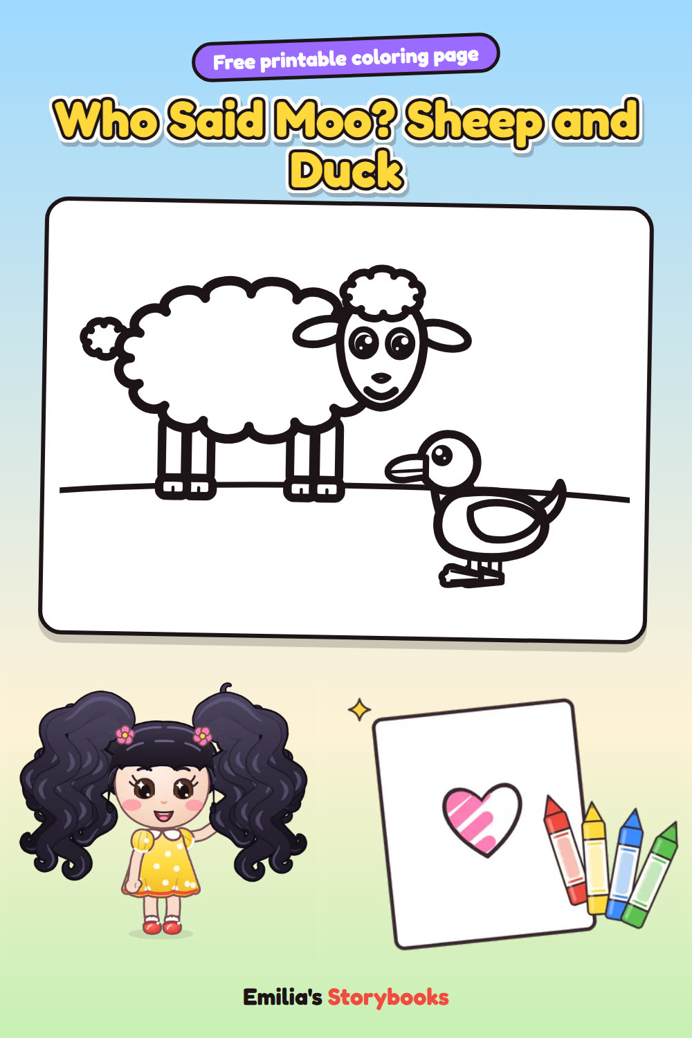 Who Said Moo? Sheep and Duck: a free printable coloring page from Emilia's Storybooks