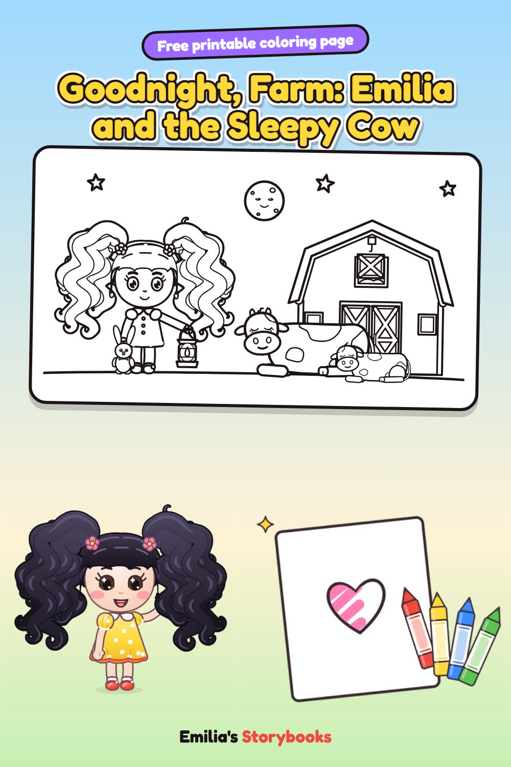 Goodnight, Farm: Emilia and the Sleepy Cow: a free printable coloring page from Emilia's Storybooks