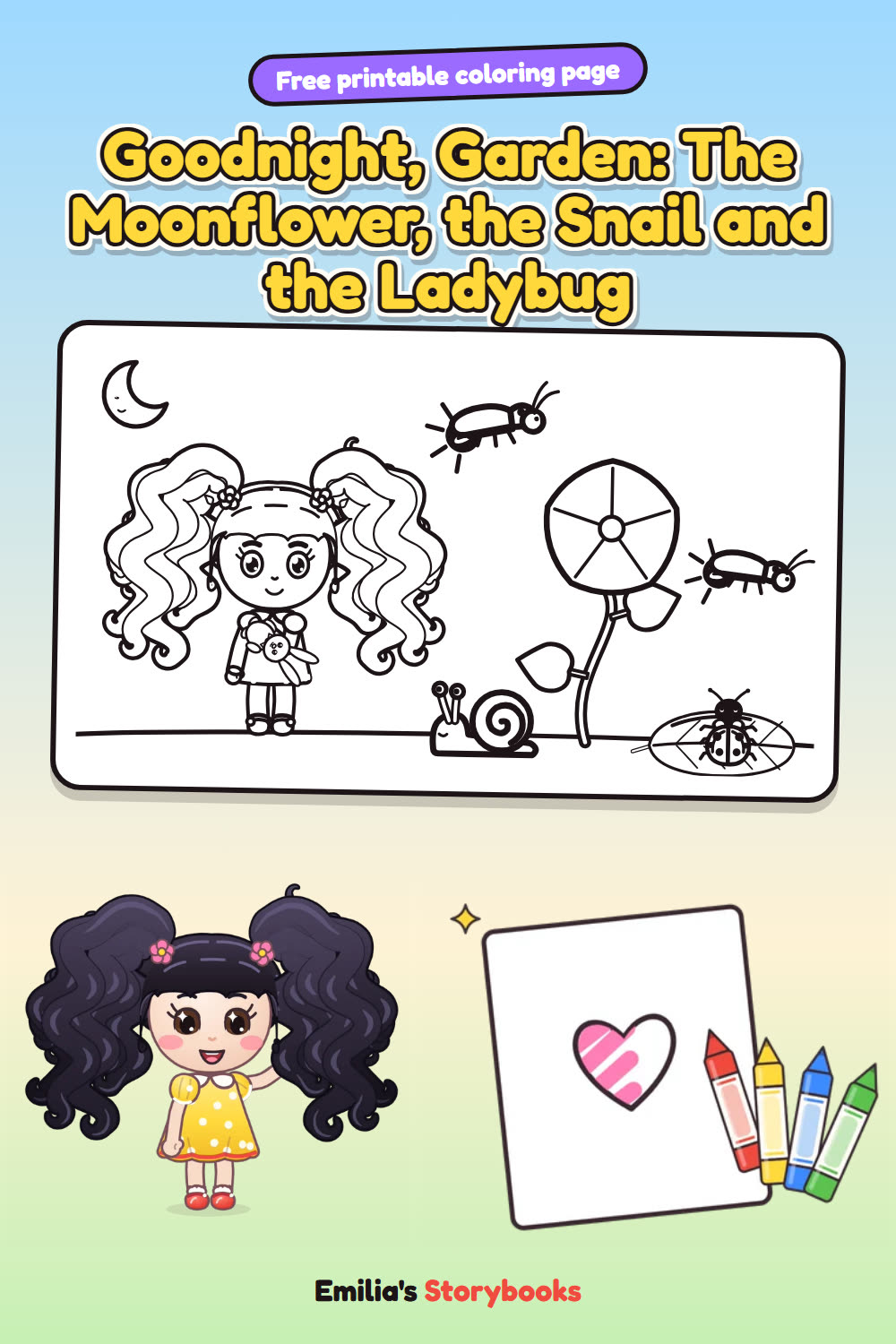 Goodnight, Garden: The Moonflower, the Snail and the Ladybug: a free printable coloring page from Emilia's Storybooks