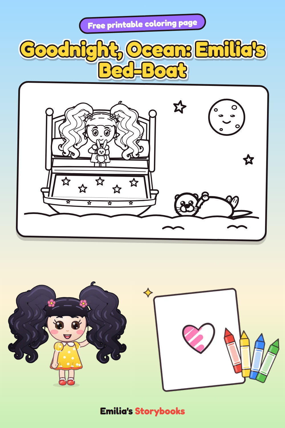 Goodnight, Ocean: Emilia's Bed-Boat: a free printable coloring page from Emilia's Storybooks