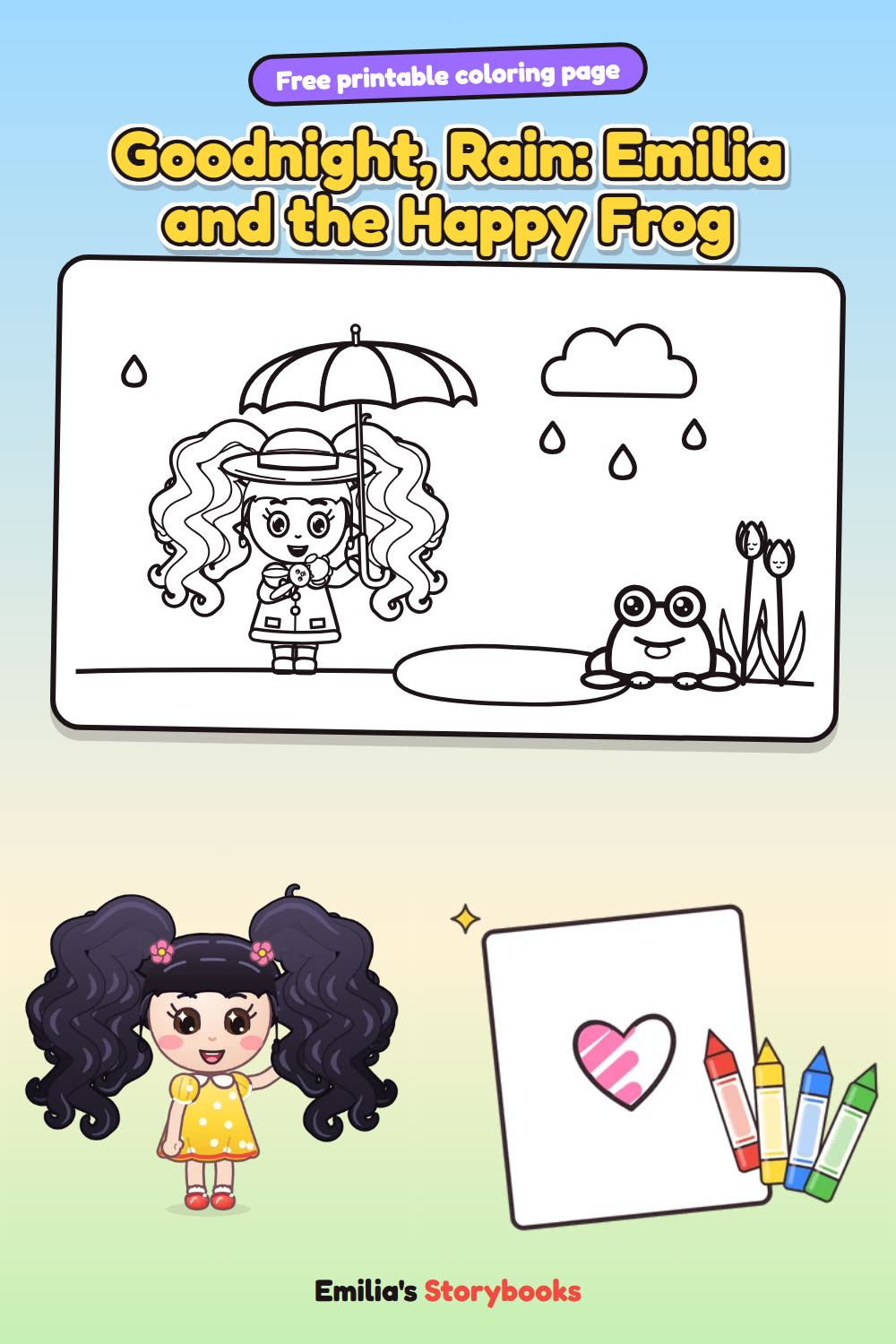 Goodnight, Rain: Emilia and the Happy Frog: a free printable coloring page from Emilia's Storybooks