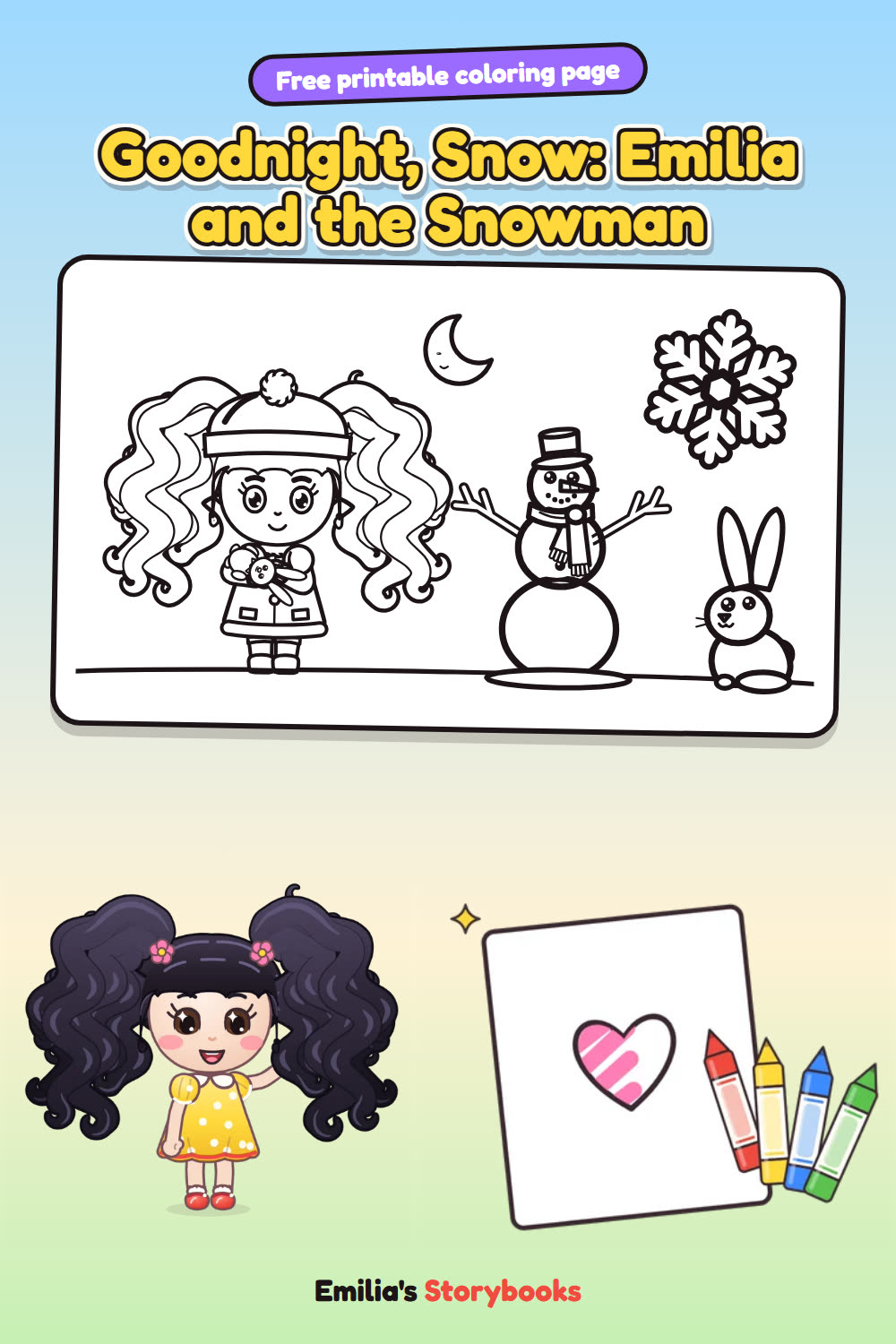 Goodnight, Snow: Emilia and the Snowman: a free printable coloring page from Emilia's Storybooks