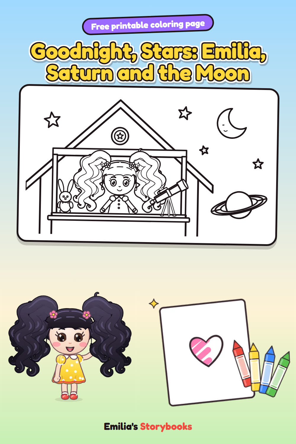 Goodnight, Stars: Emilia, Saturn and the Moon: a free printable coloring page from Emilia's Storybooks