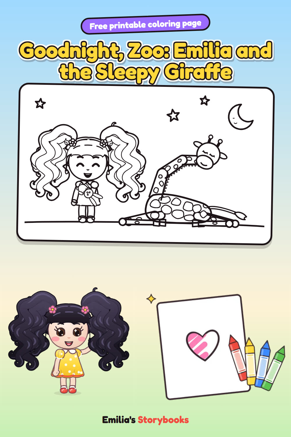 Goodnight, Zoo: Emilia and the Sleepy Giraffe: a free printable coloring page from Emilia's Storybooks