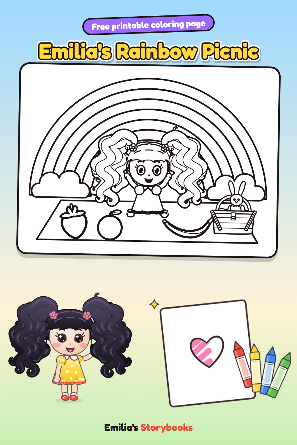 Emilia's Rainbow Picnic: a free printable coloring page from Emilia's Storybooks