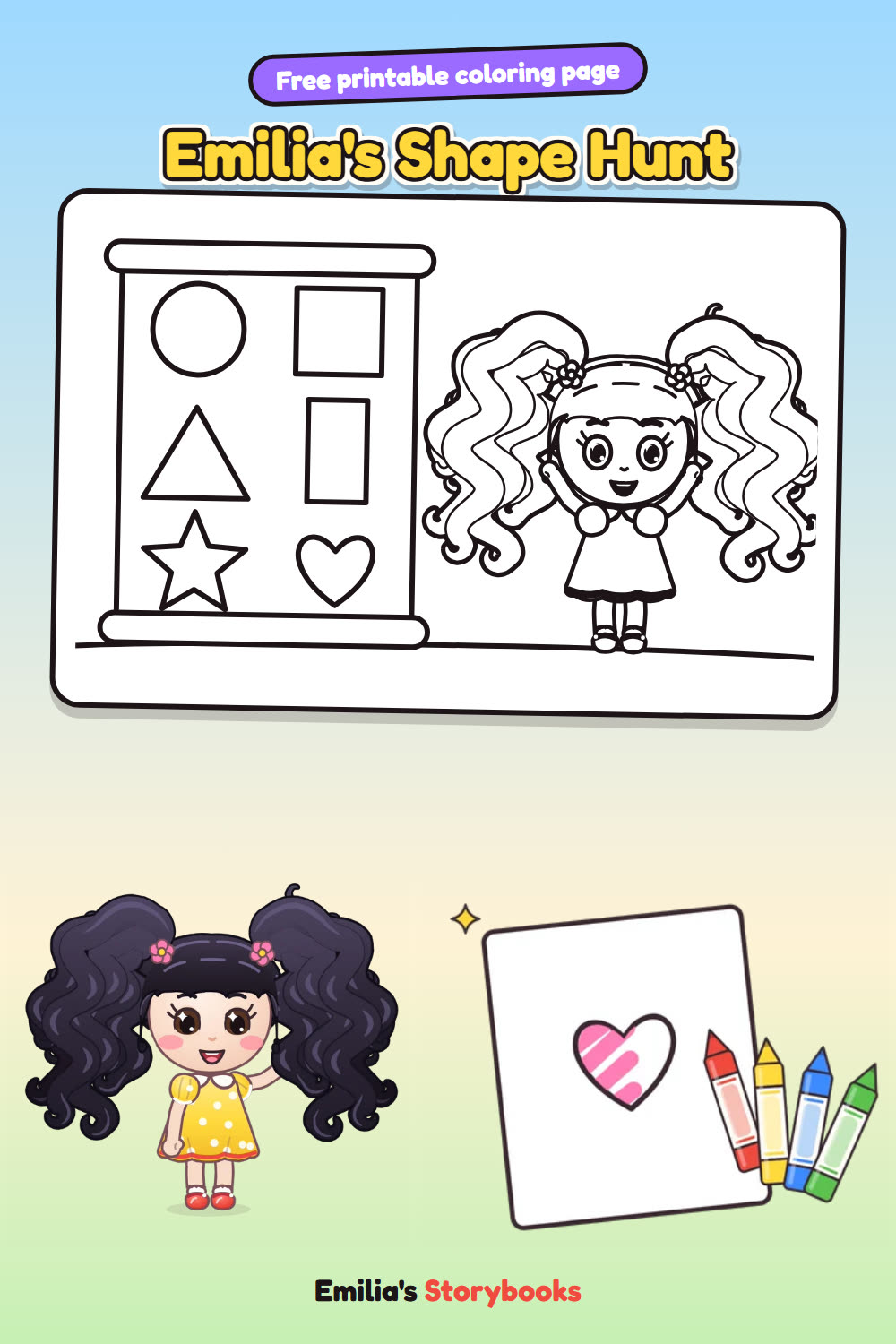 Emilia's Shape Hunt: a free printable coloring page from Emilia's Storybooks