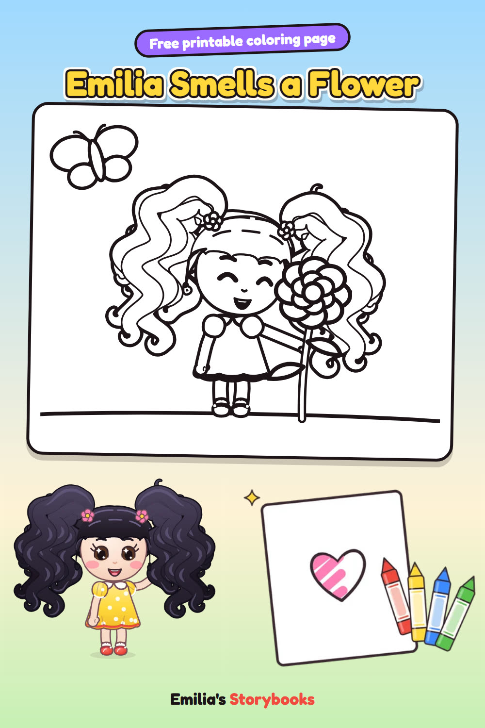 Emilia Smells a Flower: a free printable coloring page from Emilia's Storybooks