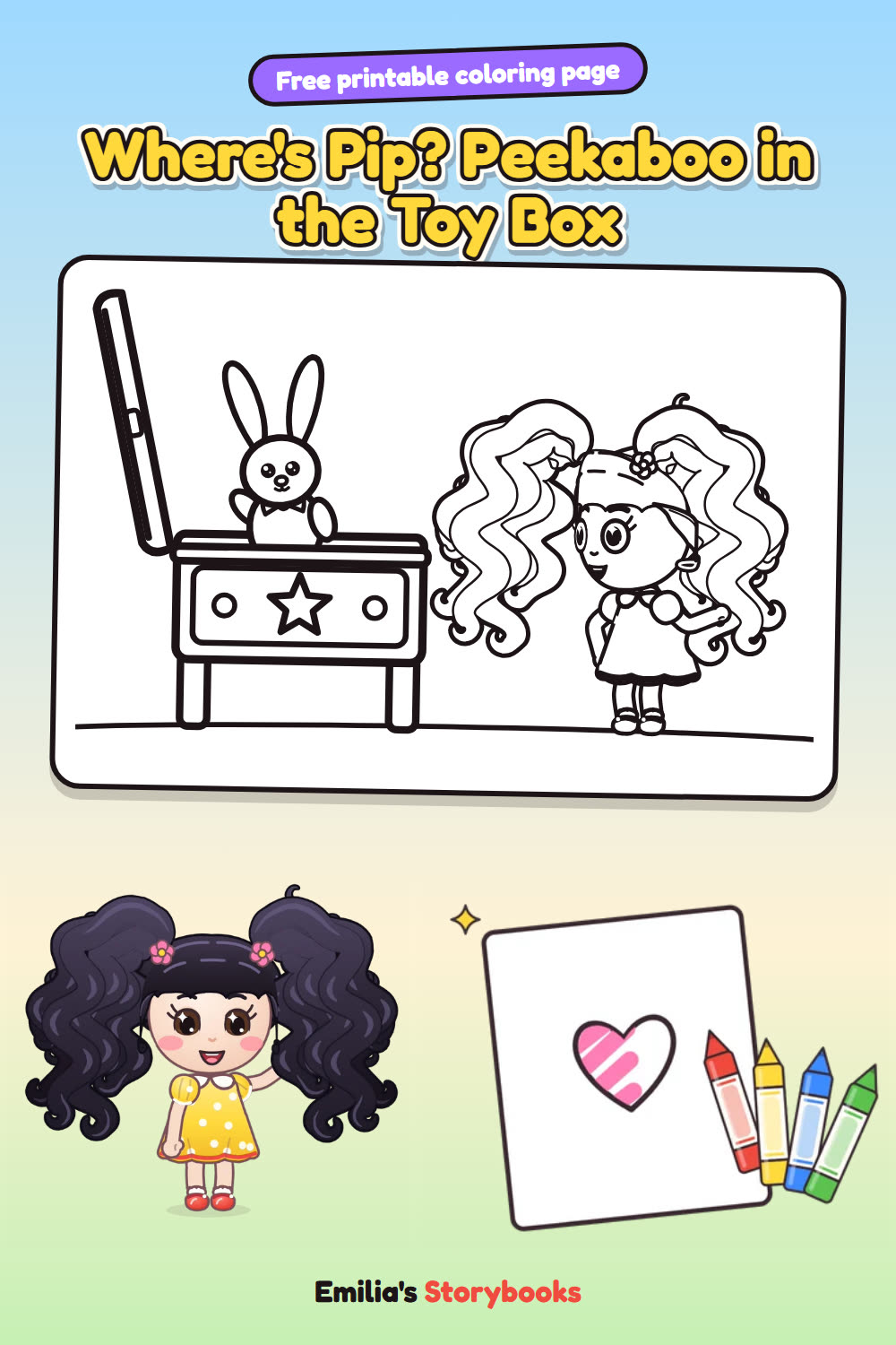 Where's Pip? Peekaboo in the Toy Box: a free printable coloring page from Emilia's Storybooks