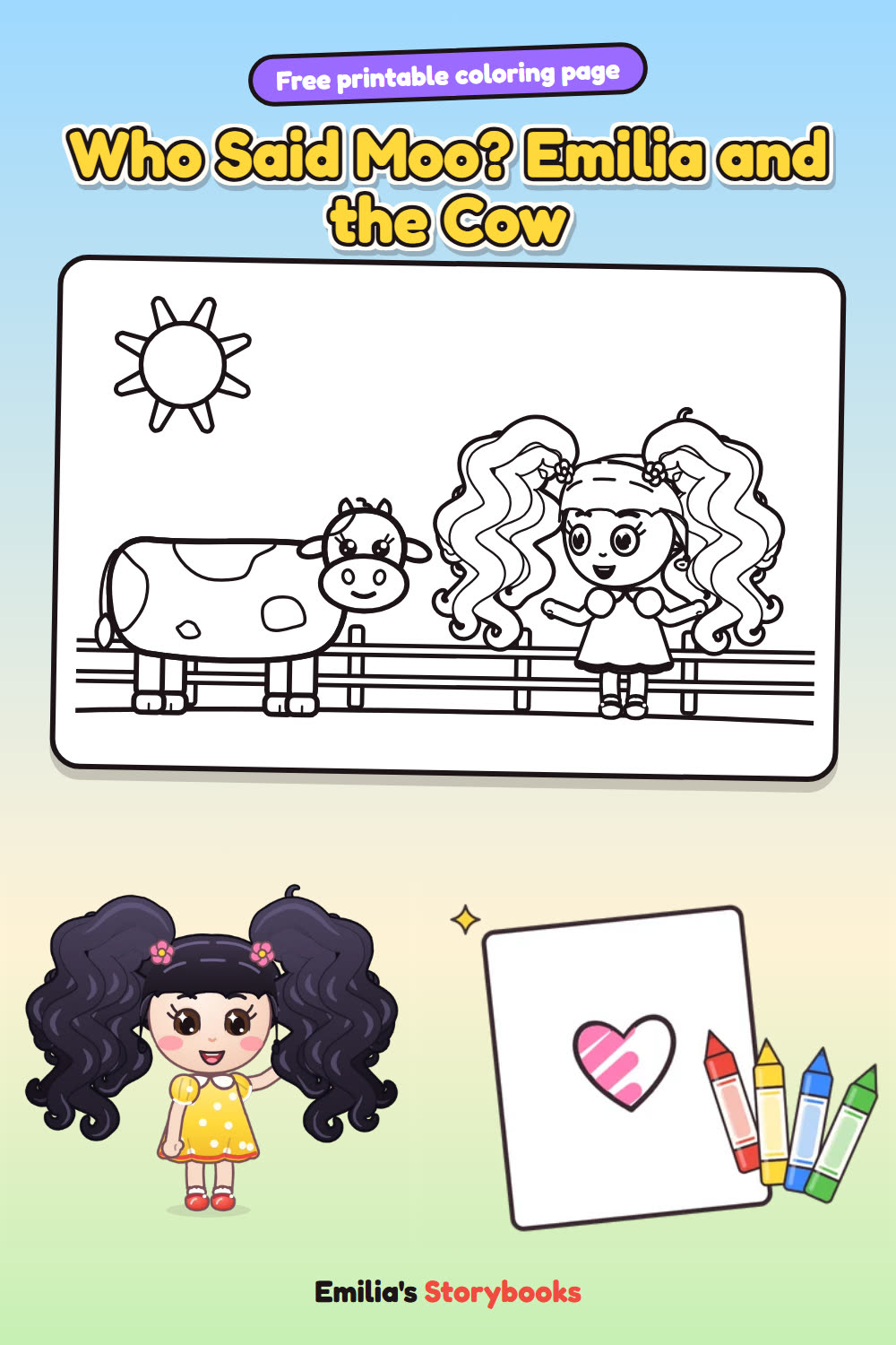 Who Said Moo? Emilia and the Cow: a free printable coloring page from Emilia's Storybooks